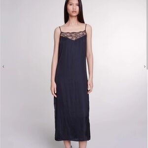 Maje Black Slip Dress with Elegant Lace Trim, NWT, size XS (34)